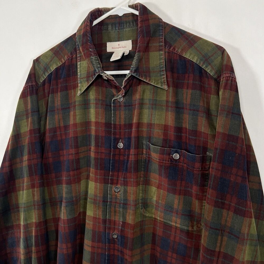 Ermenegildo Zegna Button Up Shirt Mens Large Soft Corduroy Plaid Made In Italy